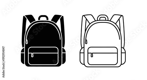 Two backpacks with different designs, one black and one white, against a white background Vector
