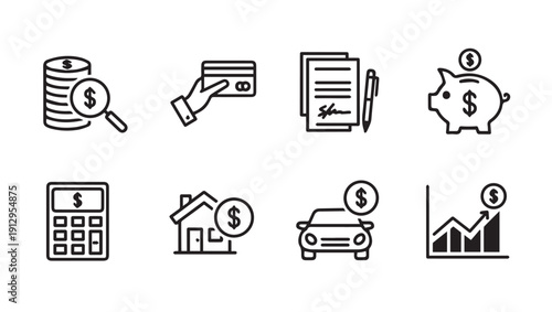 Financial Icons Set: Money, Credit, Savings, Loans, and Growth Concepts