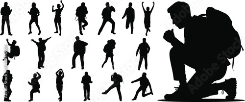 Hiker and traveler silhouette set with backpack, walking, running and praying poses collection, isolated black trekking people figures for outdoor adventure concept on white background.