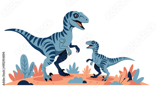 Pair of blue striped velociraptor dinosaurs stand on a stylized prehistoric landscape with colorful plants under a bright white background.