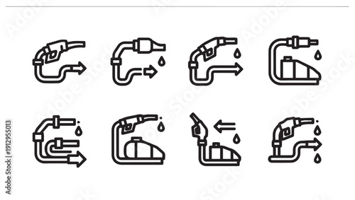 Gasoline Fueling Icons: Nozzle, Hose, Tank, Droplets, Arrows, Line Art