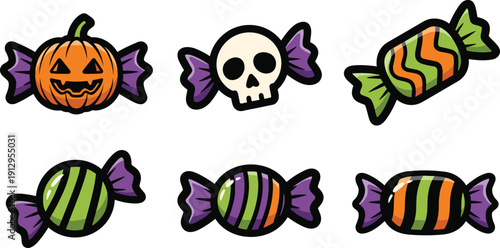 Cartoon vector illustration of six Halloween candies including pumpkin, skull, striped designs in festive colors, spooky sweet packaging concept for holiday branding and celebration themes.