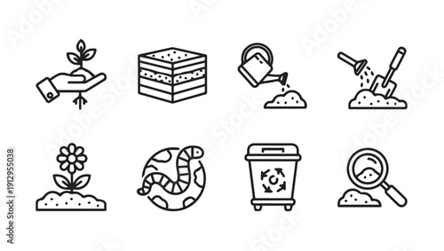 Gardening Icons: Planting, Soil Layers, Watering, Digging, Flower, Worm, Recycle, Magnifying Glass