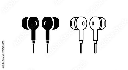 Black and white earphones, in-ear headphones, earbuds, headset, audio, sound, music Vector