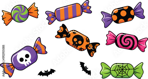 Colorful Halloween vector illustration of assorted spooky candies with skulls, spiderwebs, swirls, and black bats, festive design for trick‑or‑treat, party, and holiday branding.