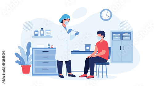 Professional doctor wearing a mask and scrubs prepares a syringe to administer a vaccine to a young male patient in a modern clinic.