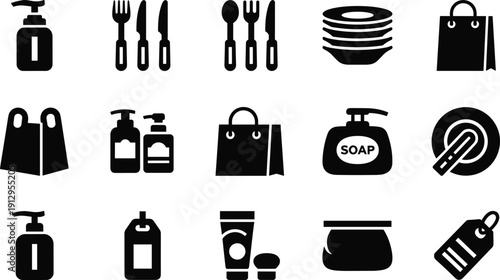 Set of 16 black silhouette icons showing soap dispensers, utensils, plates, shopping bags, bottles, jars, lotion tubes, and price tags