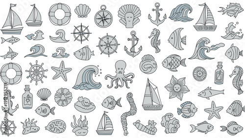Huge collection of hand drawn nautical icons like anchors, boats, waves, fish, and seashells in a consistent gray sketch style.