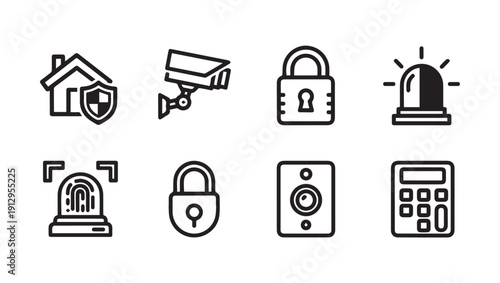 Home Security Icons Set: Camera, Lock, Alarm, Fingerprint, Keypad, Shield - Stock Line Art