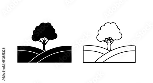 Two trees on hillside, minimalist nature illustration, black and white line art Vector
