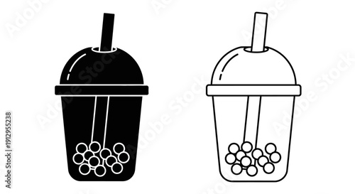 Two bubble tea cups with bubbles and straws, minimalist black and white design Vector