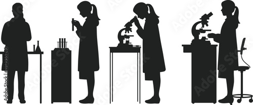 Laboratory scientist silhouettes set with microscope and test tubes, female researcher working in chemistry lab, medical experiment concept isolated on white background vector.
