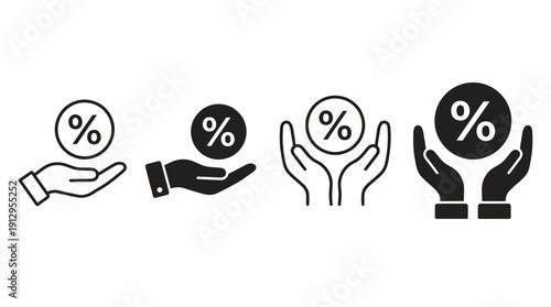 Set of black hand gesture icons with a percentage sign representing discounts and promotions