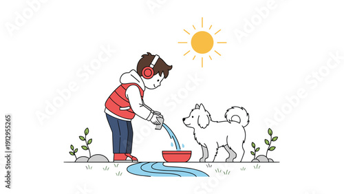 Young boy wearing red headphones pours fresh water from a bottle into a bottle for his fluffy white dog on a bright sunny day outdoors.