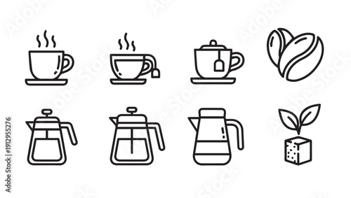 Hot Beverage Icons: Coffee, Tea, Kettles, Beans, and Sprouts Line Art