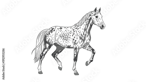 Detailed black and white ink drawing of a beautiful spotted horse shown in a trotting pose with its tail and mane flowing.