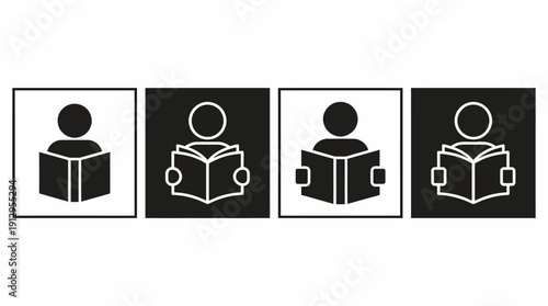 Set of four monochrome icons showing a person reading a book, symbolizing literacy, study, learning, and focus in black and white.
