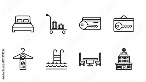 Hotel Icons: Bed, Luggage Cart, Key Card, Do Not Disturb, Pool, Table, Building