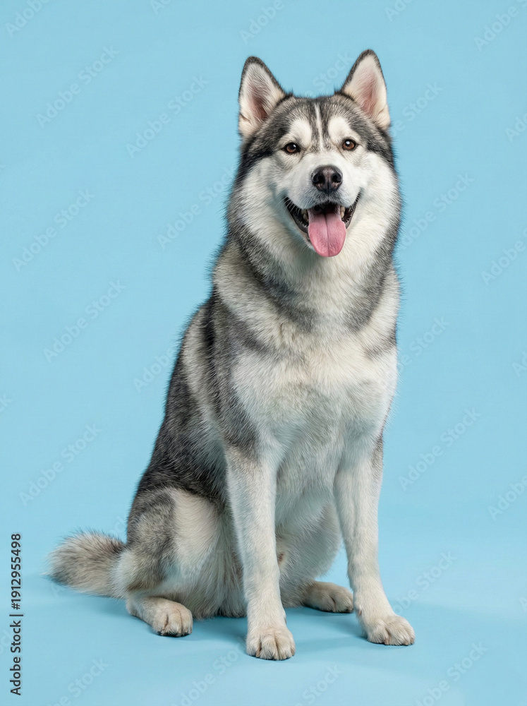 Obraz premium Adorable Siberian Husky Puppy Sitting on Blue Background