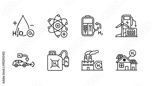 Hydrogen Energy Icons: Water, Atom, Battery, Wind Turbine, Car, Fuel, Factory, House