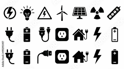 Collection of electricity and energy icons featuring power, renewables, safety signs, and home energy concepts for design, UI, and infographics