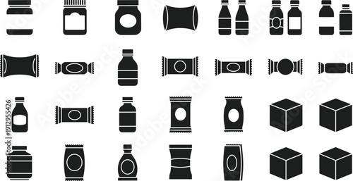 "Black silhouette food packaging icon collection featuring jars, bottles, cans, boxes, and wrappers for snacks, beverages, and consumer goods branding projects"