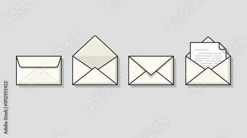 Minimalist four-envelope icon set: vector line-art mail envelopes for stationery design, communication and UI/iconography projects
