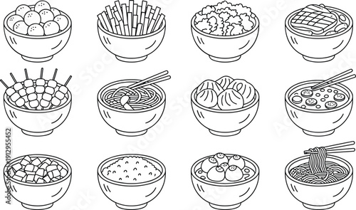 Silhouette illustration of Asian food bowls including noodles, dumplings, rice, tofu, soup, skewers, and assorted dishes with chopsticks for culinary, cultural, and educational themes