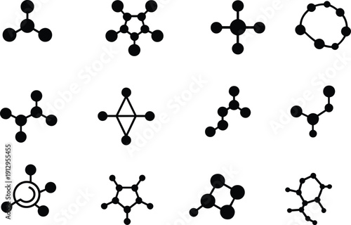 Molecule structure icons set, chemical bond and atom symbols collection, molecular network silhouettes isolated on white background, science chemistry vector illustration for laboratory design.