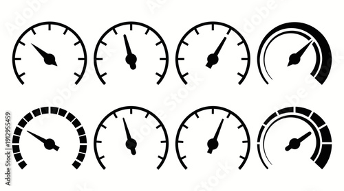 Collection of analog car speedometer gauges with varying needle positions on a white background