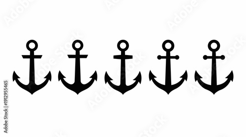 Row of five black anchor icons in a line for nautical decor and maritime design, ideal as vector silhouette logos, icons, or pattern elements.