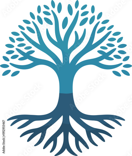 Stylized gradient tree illustration, symmetrical branches and roots, blue artistic design, nature growth symbol, harmony balance connection, isolated white background