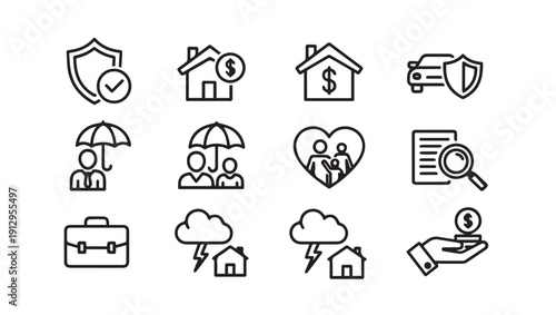 Insurance Icons Set Vector Graphics, Financial Protection and Security Symbols