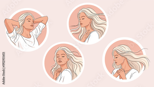 Four circular profile portraits of a beautiful blonde woman with her long hair blowing in the wind in a gentle and soft art style.