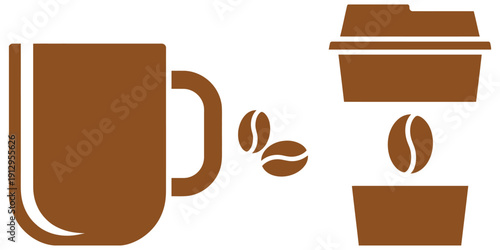 Brown coffee mug and to-go cup with coffee bean beverage, clean vector illustrations for coffee branding, cafe menus, morning drink concepts, social media graphics, and digital or print design use.