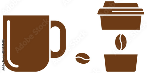 Brown coffee mug and to-go cup with coffee bean beverage, vector illustrations for cafes, coffee shops, morning drinks, beverage menus, branding, and digital or print design projects.