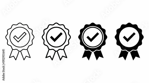 Set of four award ribbons with check marks, symbolizing achievement, certification, quality assurance, and recognition badges for products or services