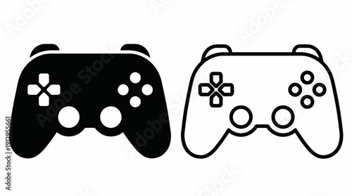 Pair of game controllers icon: black solid and white outline gamepads symbolizing video gaming, gaming accessories, and digital entertainment.