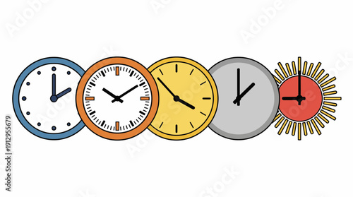 Five colorful analog alarm clocks in a row displaying different times, symbolizing time management, punctuality, and daily routine