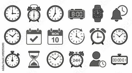 Collection of clocks and timekeeping devices, featuring analog alarm clocks, digital displays, timers, and hourglasses.