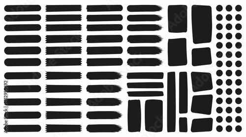 Abstract collection of black rounded rectangles and circular dots arranged in a geometric grid on a white background