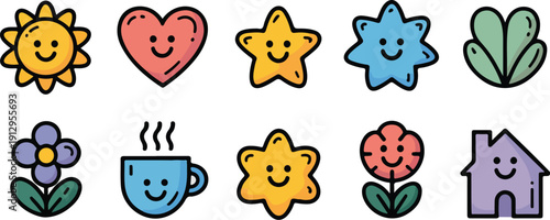 Colorful hand drawn doodle icons set featuring flowers heart star and house