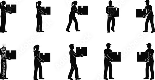 "Black silhouette icon collection of men and women carrying boxes in various poses for workplace safety, ergonomics, delivery, and logistics design projects"