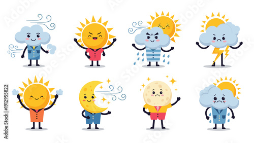Set of adorable weather icons with happy and grumpy expressions depicting sun, clouds, moon, lightning, and rain characters.