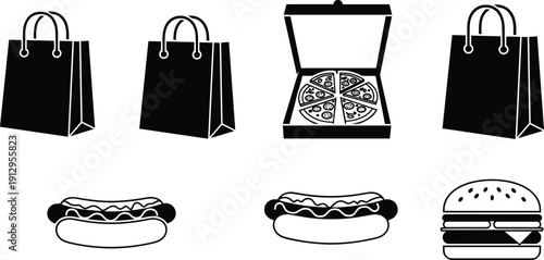 "Black and white fast food icon set featuring pizza box, hot dogs, hamburger, and shopping bags for takeaway, delivery, restaurant, and e‑commerce branding projects"