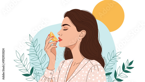 Serene illustration of a young woman with closed eyes enjoying the refreshing scent of an orange slice against a soft background.