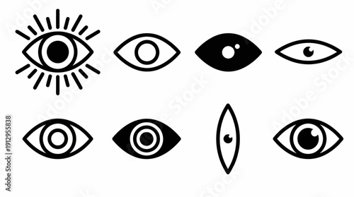 Collection of stylized black-and-white eye icons in various shapes and sizes for design, branding, UI, and illustration projects