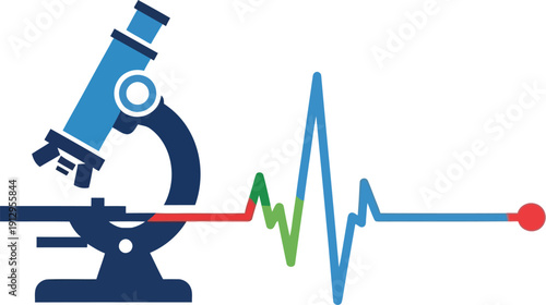 Blue microscope with heartbeat line on white background, medical research