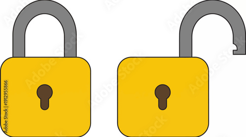 Two yellow padlocks, one locked and one unlocked, symbolizing security, access control, and digital protection.