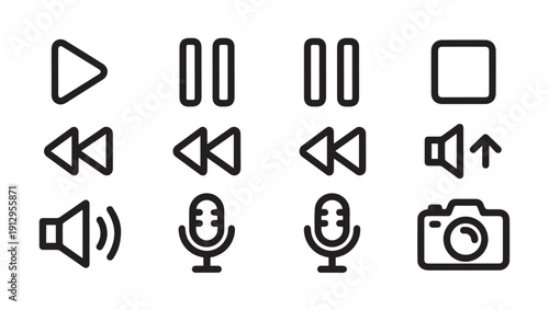 Media Player Icons Collection - Play, Pause, Rewind, Volume, Microphone, Camera